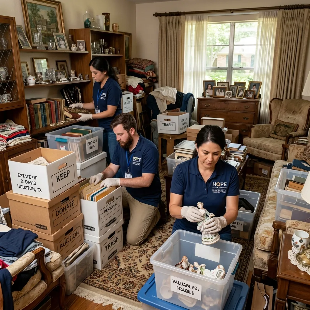 Workers carefully sorting through belongings during an estate cleanout in a Houston home
