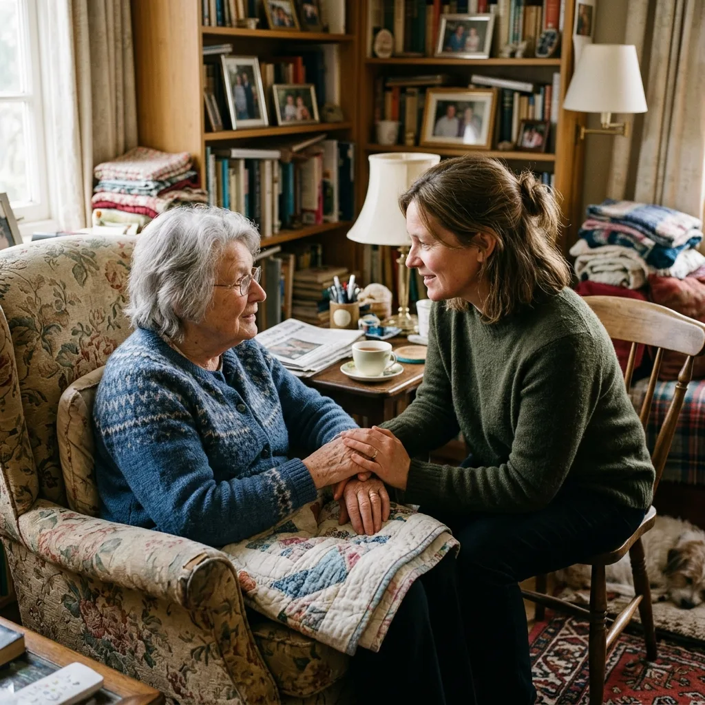 Adult child having a compassionate conversation with elderly parent in a cluttered home