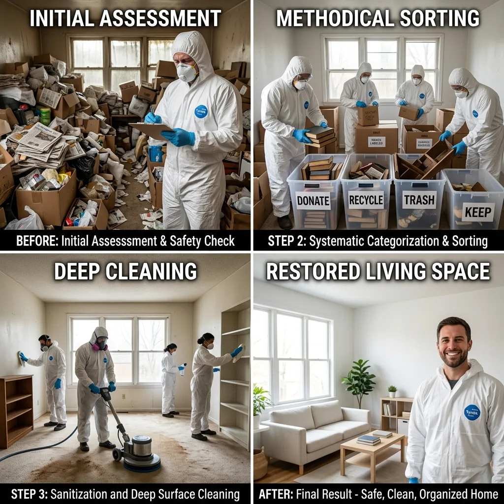Professional cleaning crew in protective gear sorting items during a hoarding cleanup project