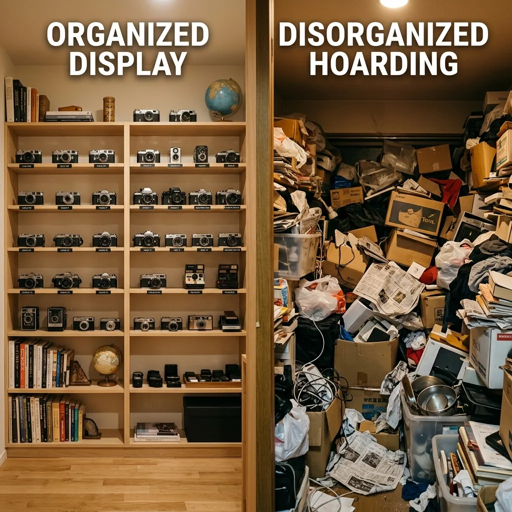 Split image showing an organized collection display versus a cluttered hoarded room