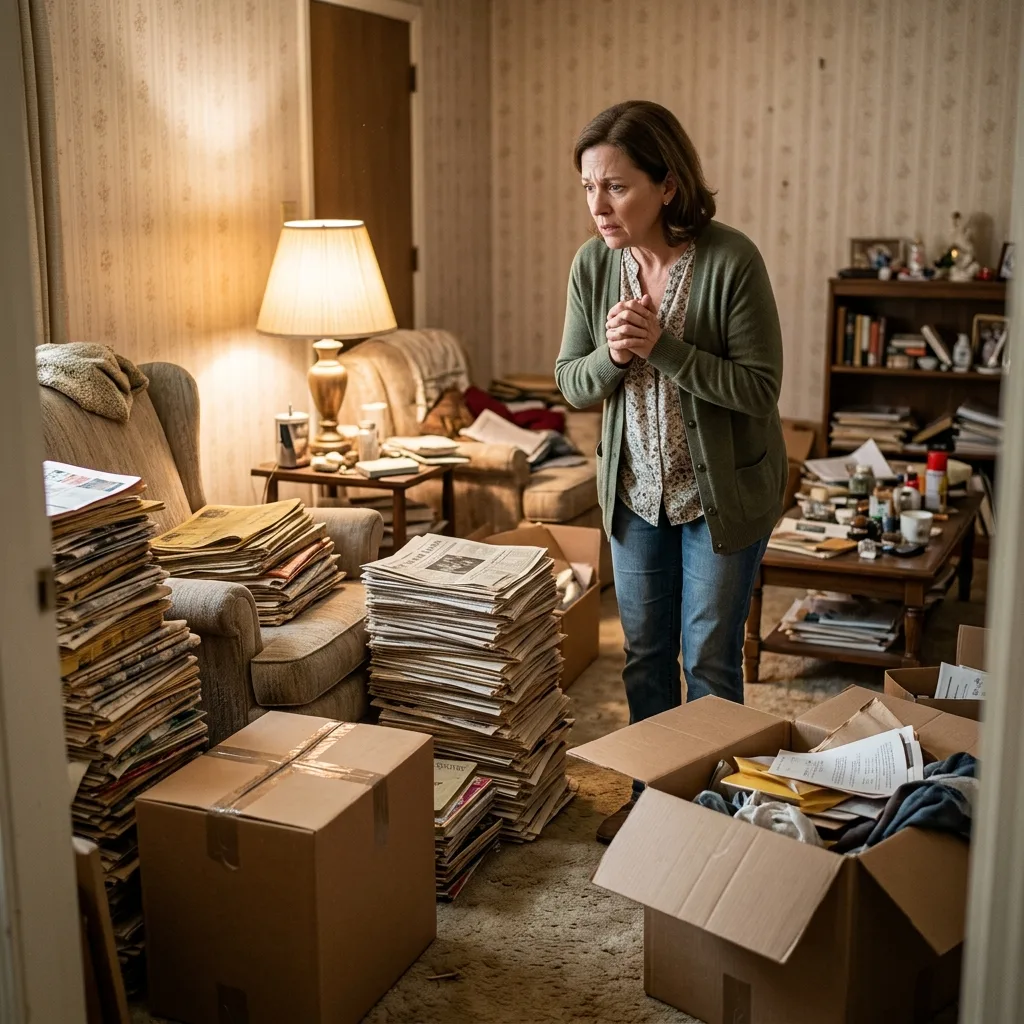 Cluttered living room showing signs of hoarding disorder with items piled on furniture and floors